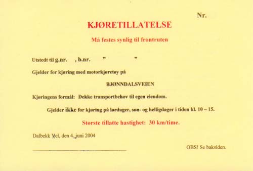 Kjøretillatelse for Furunabbveien